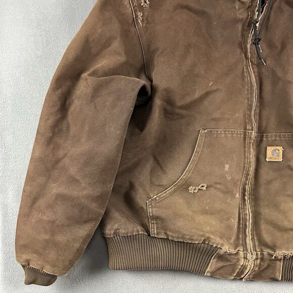 Carhartt Jacket Mens 2XL Brown Hooded Full Zip Up Canvas Quilt Lined Workwear - Picture 4 of 12